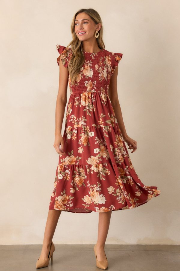 Desert Dawn Red Floral Midi Dress Online Sale - Image 3