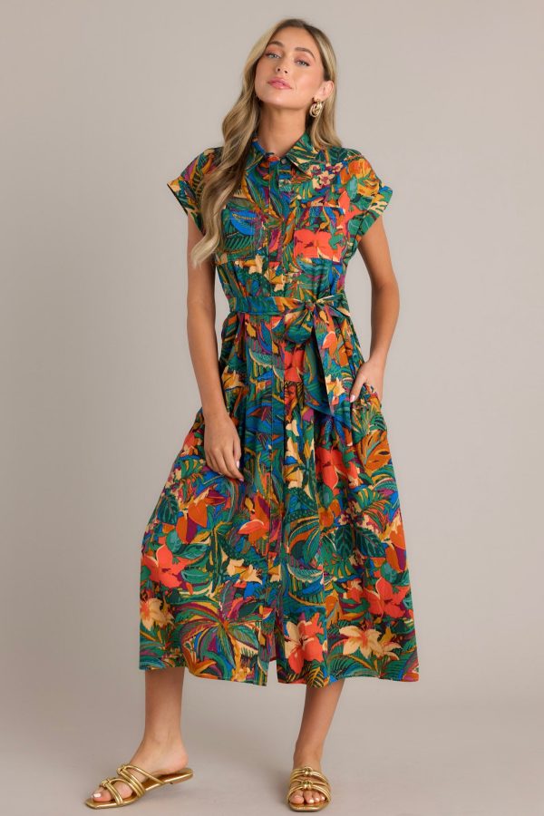 Rainforest Charm Green Tropical Print Button Front Midi Dress Discount