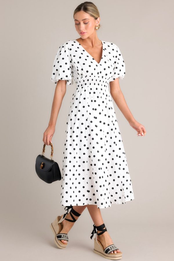 Dotted Delight White & Black Polka Dot Midi Dress Fashion - Image 3