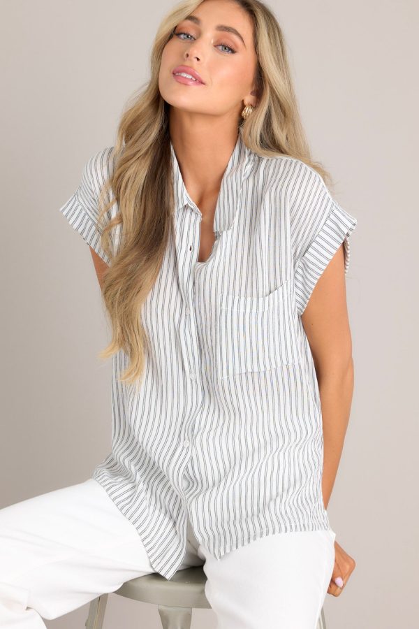 Roots of Renewal Charcoal Stripe Button Front Top Fashion