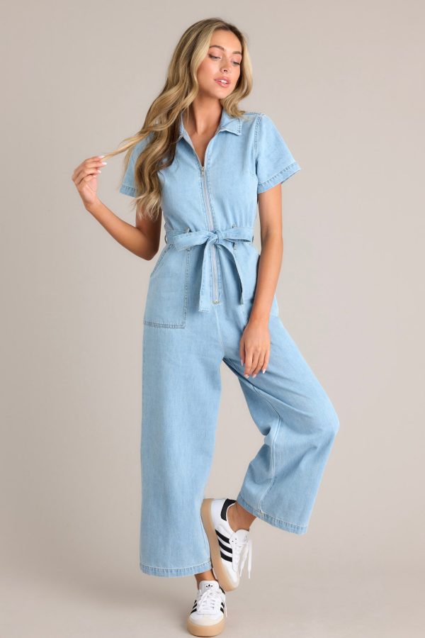 Blue Jean Beauty Light Wash Demin Zip Front Jumpsuit Discount - Image 4