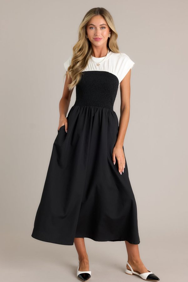 Never Disappear Black & White Smocked Midi Dress Sale