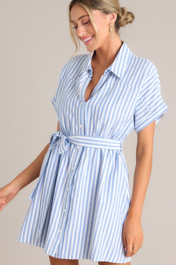 Simple Moments Blue & White Stripe Button Front Mini Dress Online - Image 5