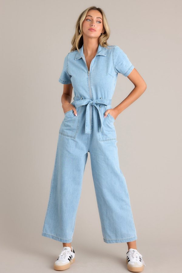 Blue Jean Beauty Light Wash Demin Zip Front Jumpsuit Discount - Image 5